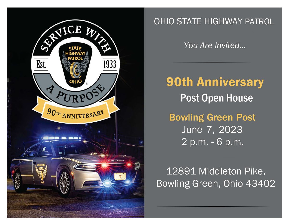 🚨SAVE THE DATE!🚨Please join us in celebrating the Ohio State Highway Patrol's 90th anniversary at the Bowling Green Post on June 7 from 2 p.m. - 6 p.m. Come tour the post, meet personnel, talk to a recruiter to #JoinOSHP, or sign up for @dollyslibrary. #OSHP90th
