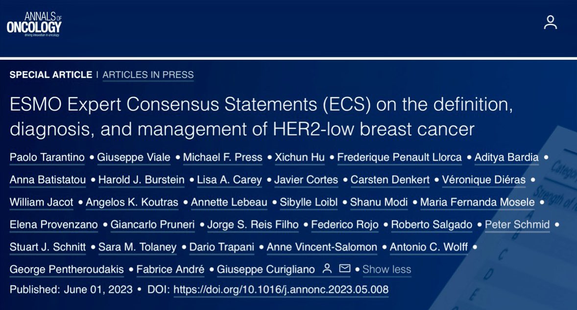 32 panelists from 9 countries, 20 statements, one year of intense work (ASCO22->ASCO23). 

I’m deeply honored to share the results of the first ever Consensus on HER2-low breast cancer, supported by ESMO and now published on <a href="/Annals_Oncology/">Annals of Oncology</a>. Read it here: annalsofoncology.org/article/S0923-…