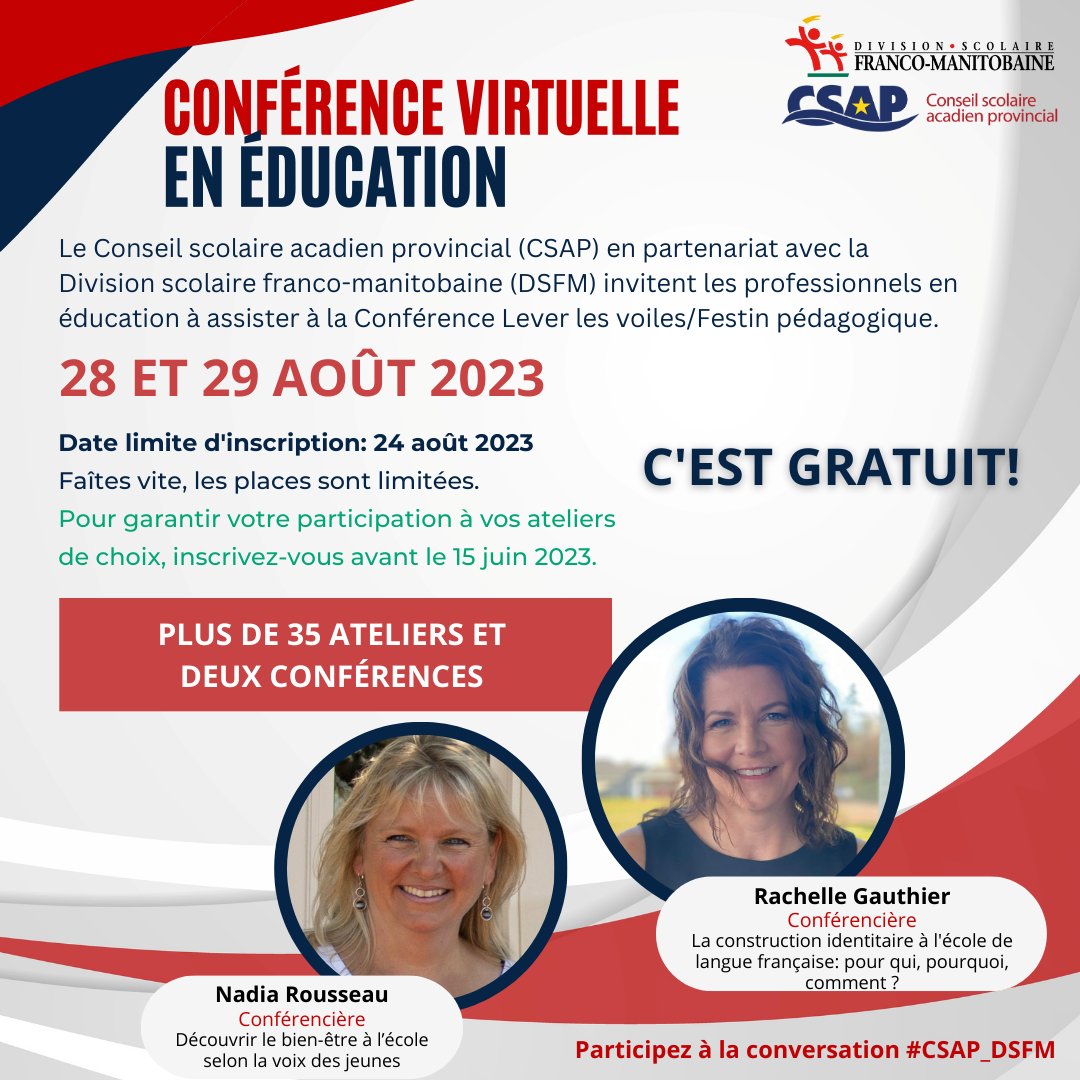 DSFMecole's tweet photo. L’académie d’été de la DSFM est de retour!
Nouveauté: grâce à un partenariat avec le @CSAP_Officiel, les enseignants et autres professionnels en éducation pourront choisir parmi 35 ateliers virtuels!
📍28-29 août 2023
📍Infos: https://t.co/nzJC3AK4VM
Places limitées
#CSAP_DSFM https://t.co/aITPwsnSIn
