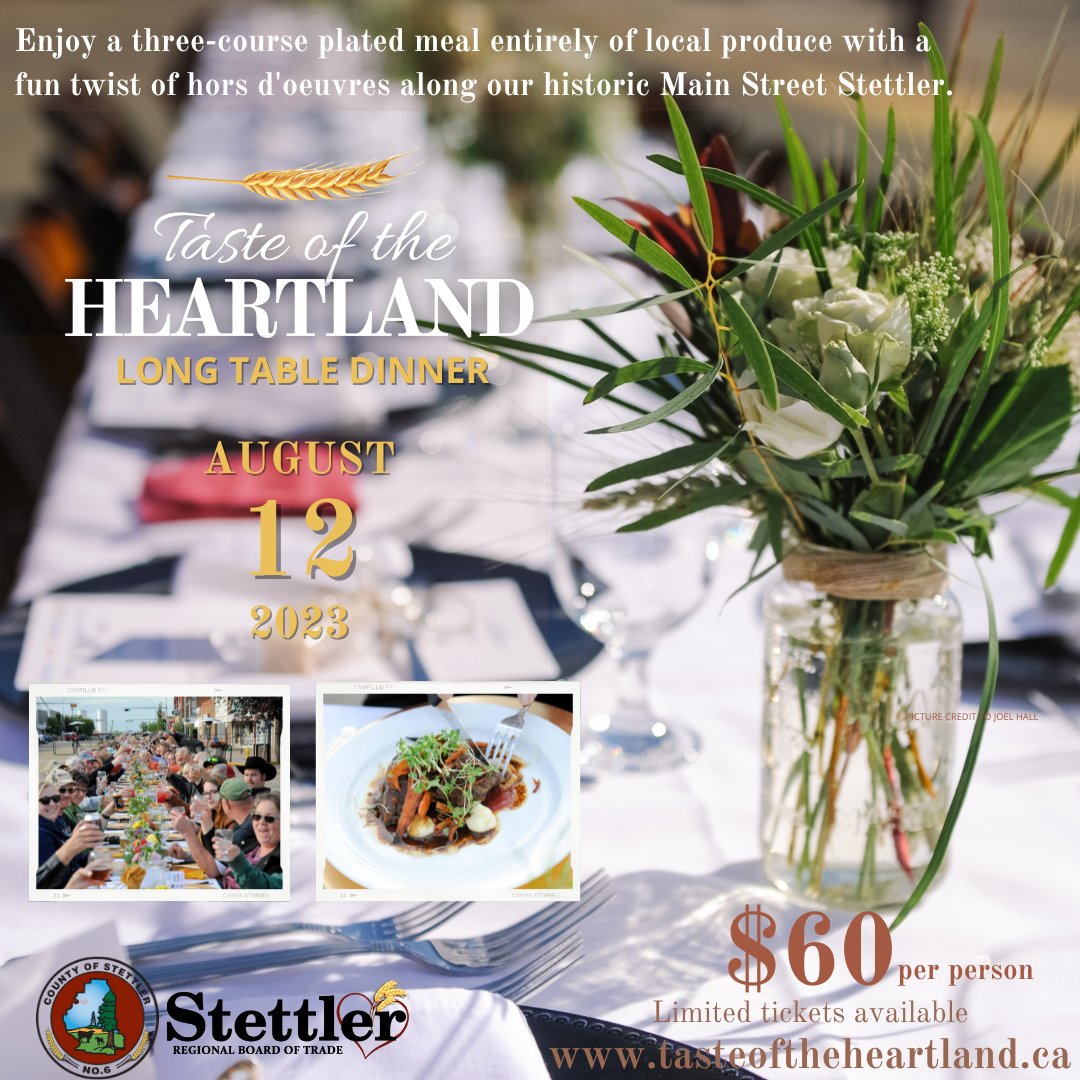 Get immersed in the agricultural lifestyle with delectable food and rural hospitality right in the Heart of Alberta! Enjoy a plated four-course meal prepared with local ingredients by celebrity chefs on historic main street Stettler! tasteoftheheartland.ca