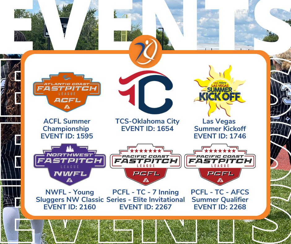 AGLSoftball's tweet photo. This weekend's Event IDs are now OUT! Good luck to everyone competing! 🔥🥎

@ACFLfastpitch @triplecrownspts @USAPreps @NWFLFastpitch @PCFLfastpitch @TFLfastpitch @LeagueFastpitch 

#AthletesGoLive #AGL #EventIDs #Softball https://t.co/v0xEGyRIPp