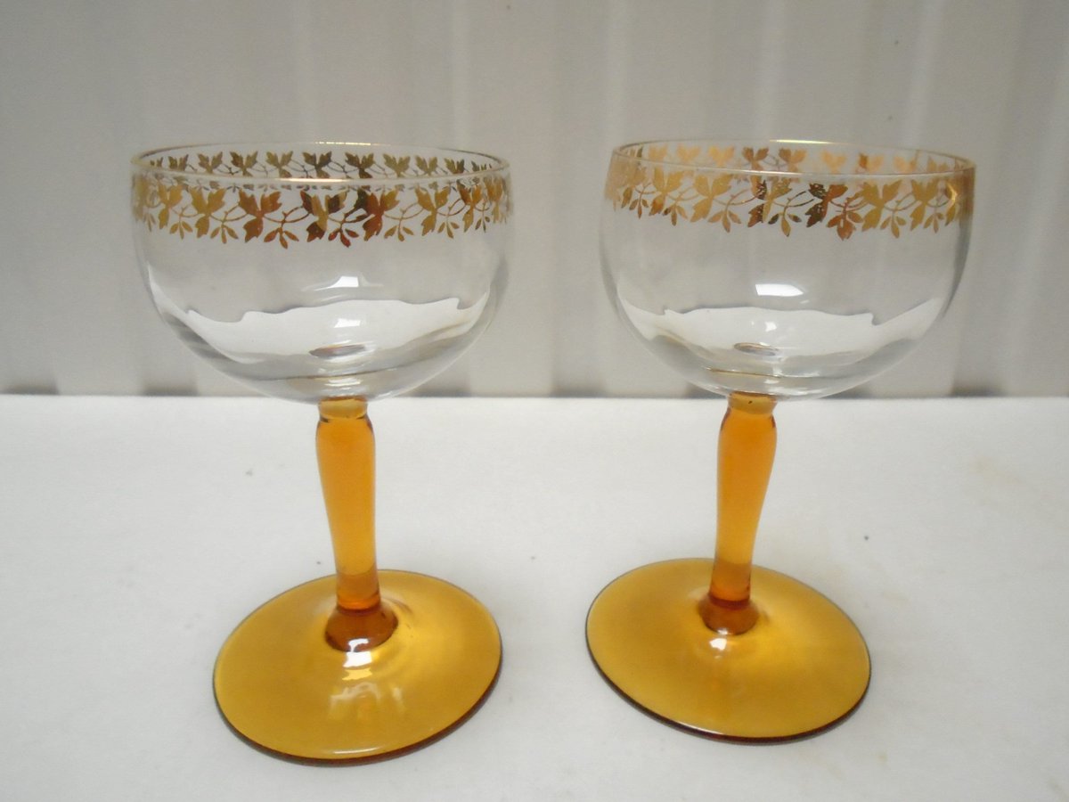 2 Vintage French Gold Stemmed and Etched Aperitif or Sherry Glasses, Liquor Glass Set of 2, Digestif Glasses etsy.me/3IMOvbh #clear #anniversary #christmas #gold #glass #aperitifglassset #midcenturyglasses