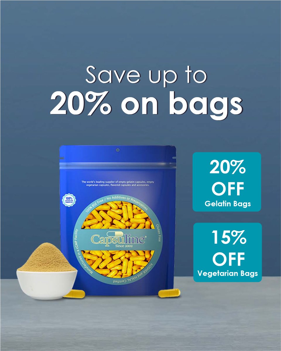 capsuline's tweet image. Save up to 20% on all our bags
🐮 Gelatin bags: 20% off
🍃 Vegetarian bags: 15% off

Shop at ow.ly/8FoU50OAe7Q

#emptycapsules #gelatincapsules #vegetariancapsules #Capsuline #supplements #diysupplements #vitamins #health