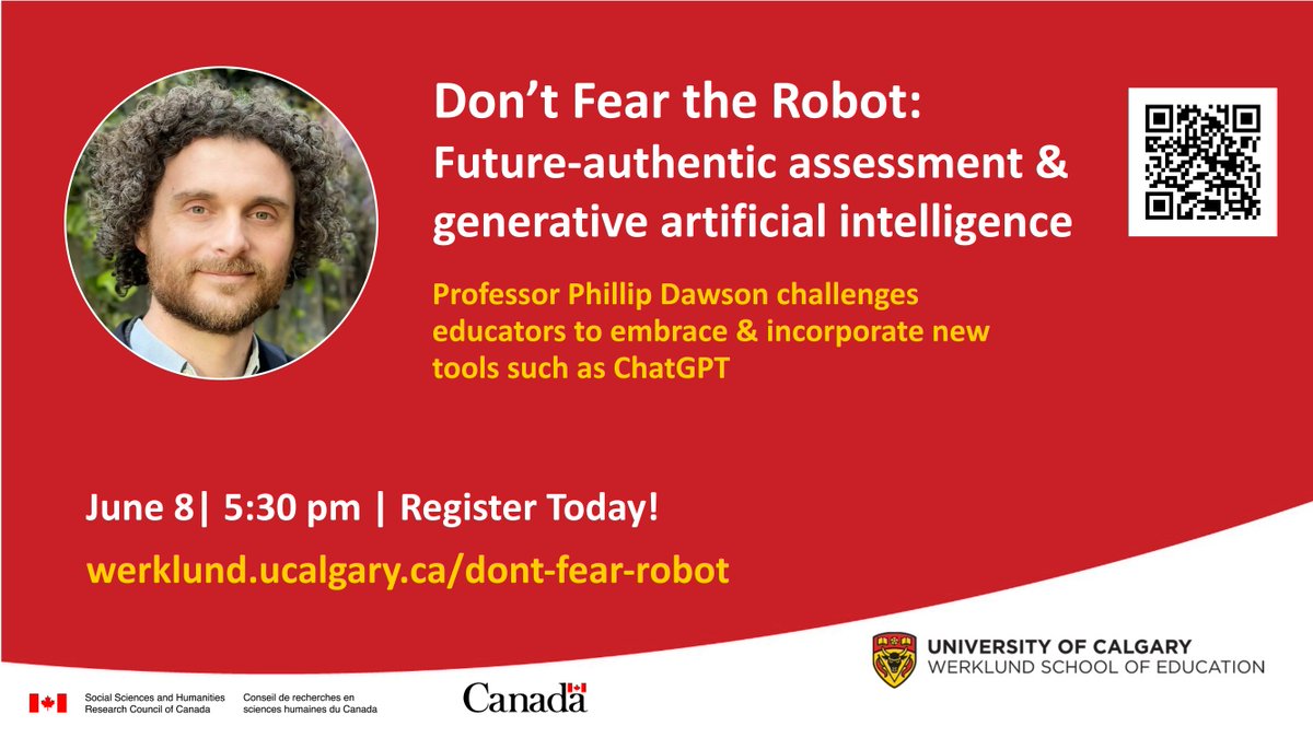DON'T FEAR THE ROBOT!

Join <a href="/phillipdawson/">See me on LinkedIn - I've quit X (Phillip Dawson)</a> and #UCalgary's Sarah Eaton for a conversation about AI and learning outcomes.

June 8 | 5:30pm | FREE | In-Person or Online
ow.ly/a3xW50OwPI2

<a href="/UCalgaryEduc/">Werklund School</a> 
<a href="/CRADLEdeakin/">CRADLE: Find us on Bluesky</a>