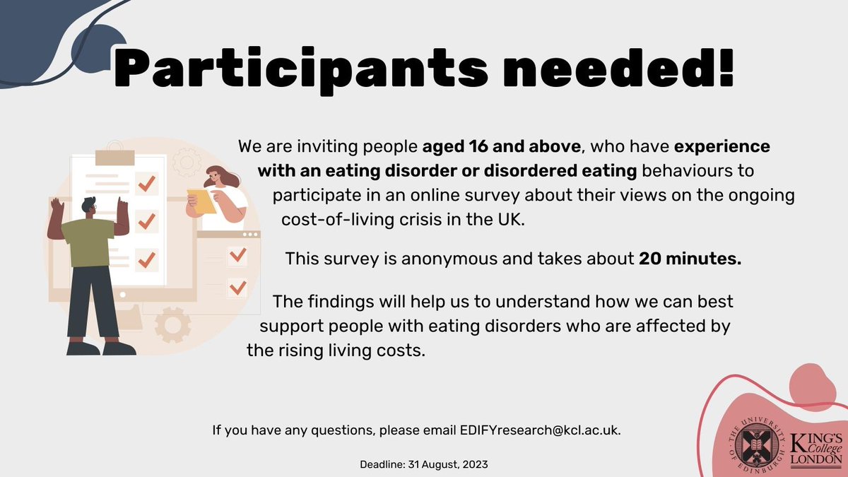 📣 Can you help us understand how people with #eatingdisorders experience the cost-of-living crisis, food insecurity and poverty? Click this link to complete an anonymous #survey: qualtrics.kcl.ac.uk/jfe/form/SV_6f…