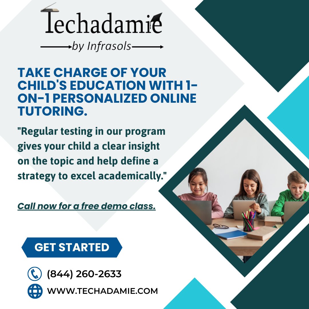 Take charge of your child's education with 1-on-1 personalized online tutoring.

Call now for a free demo class.
Website: techadamie.com
Call: (844) 260-2633

#onlinehometuition #sciencetuition #schooltuition #tution #techadamie #onlinetuition #ustuition #sciencetutor