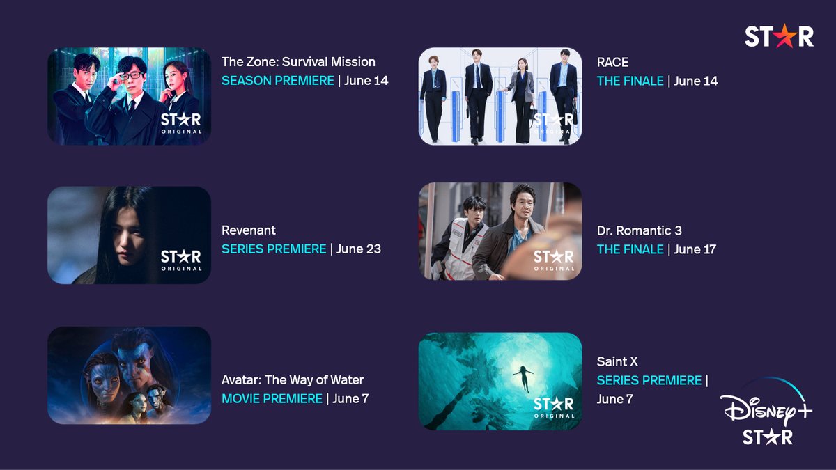 New surprises and premieres! 
All of these and more, streaming in June 
only on Disney+ Star  

#DisneyPlus #DisneyPlusStar #Hulu 
#DrRomantic3 #AvatarTheWayOfWater #SaintX #RACE #Reveant #TheZoneSurvivalMission #TheZone_SurvivalMission_S2