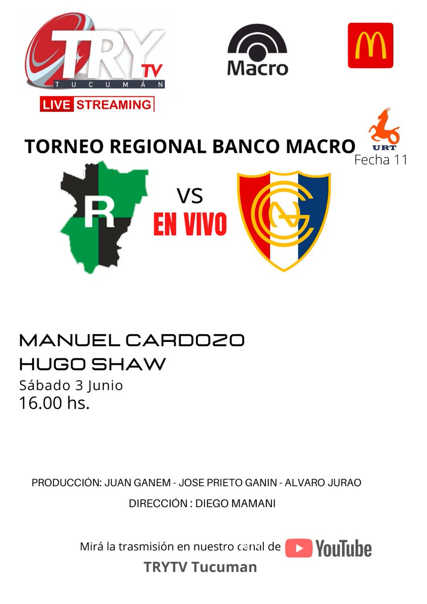 luna_vintuals's tweet photo. Este sábado, desde las 16, transmitiremos en vivo el partido que jugarán @TucumanRugby ante @NatacionyGimnas. Podes seguirlo desde el Canal de YouTube de TRY TV Tucumán. 

Los esperamos para una nueva jornada de Rugby. @URTrugby

#TryTVTucumán #RegionalDelNoa https://t.co/xqquWPIY1v