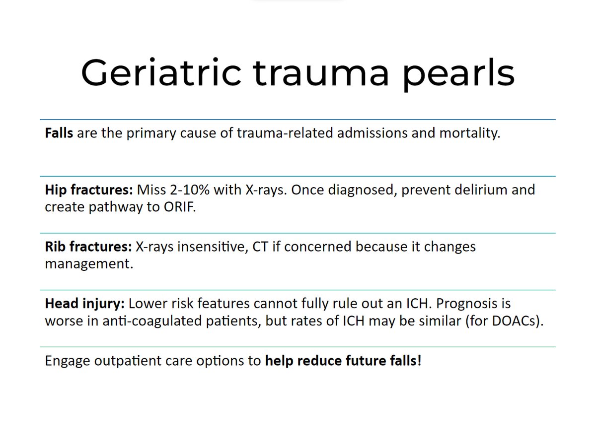 @UNCEM’s @clshenvi on Geriatric Trauma at #EEM2023

👵🏽Fall at age 30 is different than fall at age 70
🥇Falls are #1 reason older adults are admitted for trauma related injuries
🧠Lower risk features cant rule out ICH 
☠️Worse prognosis in anticoagulated

#FOAMed @EssentialsofEM