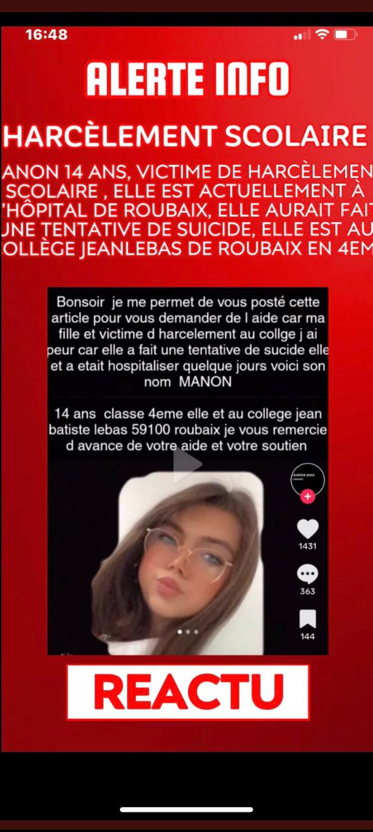 🚨🚨🚨 😢😢🤬🤬👿👿 Manon, 14 ans, tentative de suicide actuellement à Roubaix à l’hôpital
Collège Jean lebas 👇👇👇👇