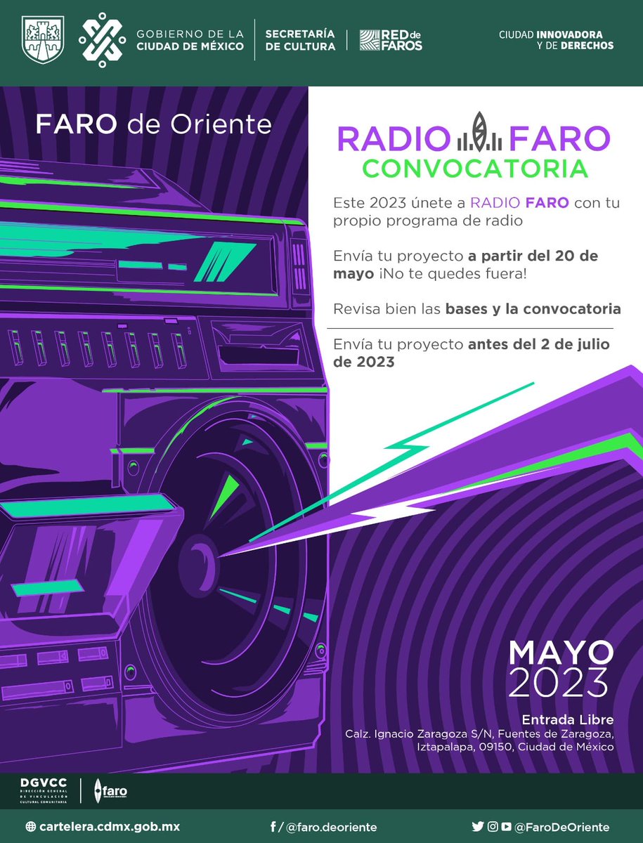 radiofaroriente's tweet photo. ¡Atención!📷Radio FARO📷, la radio comunitaria y diversa del oriente de la Ciudad de México, busca proyectos para su programación radiofónica en 2023. ¡Envía tus propuestas a partir del 22 de mayo! https://t.co/v04LB3uuqF