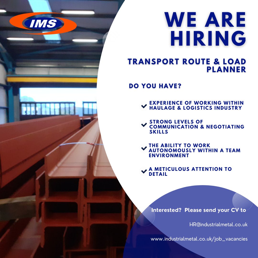 📣 We're Hiring!

Transport Route & Load Planner

Come to our site to find the full job description. 👇

industrialmetal.co.uk/job_vacancies

Send your CV to: HR@industrialmetal.co.uk

#steelindustry #construction #logisticsrole #jobopportunity