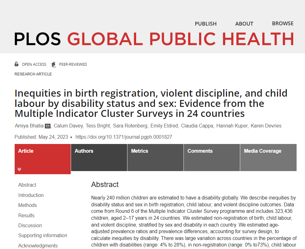 Amiya Bhatia and colleagues examine how birth registration, child labour, and violent discipline outcomes are unequally distributed in each of 24 countries by disability among girls and boys. plos.io/3WIvNHI