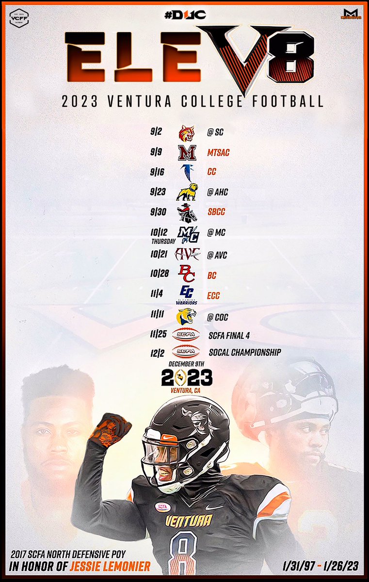 VCPirateFB's tweet photo. As the countdown to the 2023 kickoff draws near, the Ventura College football team is determined to honor Jessie Lemonier's legacy by embodying his spirit on and off the field. Jessie's tenacity, work ethic, and passion for the game continue to inspire both new and returning players as they strive for greatness.

Under the guidance of our exceptional coaching staff, the team has been relentlessly working to EleV8 the standard set before. This season pays tribute to Jessie but also serves as a reminder for the entire VC and Juco community to rise above adversity, support one another, and pursue excellence.

As the 2023 season has yet to be written, what you can expect is to see an even more formidable and focused Pirate team with unwavering commitment to each other and our community, as we take it “One Day, One Play and One Game at a Time.

Join us at the games, follow and watch our journey online, and show your support as we continue to #EleV8 Jessie Lemonier's memory.  #VCFF #D1JC #Playing4You