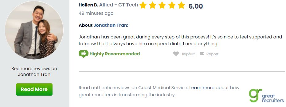 When working in #TravelHealthcare, it's important that your staffing agency is there for you and offers great communication when you need it, like our #AlliedRecruiter Jonathan Tran. Experience the Coast difference by clicking here: tinyurl.com/3jm68x9b
 #AlliedHealthcare