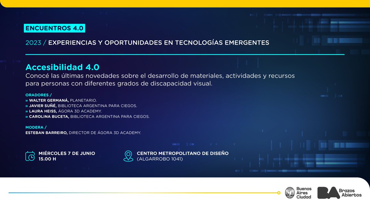 💻Encuentros 4.0 👉 Te invitamos a descubrir cómo es el desarrollo de materiales para personas con discapacidad visual.

🗣️Esteban Barreiro, de “Agora 3D Academy”, y especialistas de la salud.

📆 Miércoles 7/6, 15 h.
📌Algarrobo 1041 y transmisión en youtube.com/watch?v=JSNect…