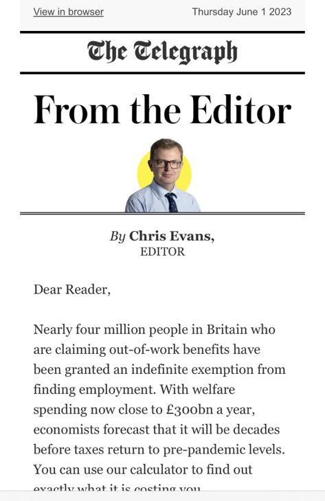 The Telegraph newsletter today has an online tool to help its readers calculate “how much of your salary bankrolls the welfare state” - and the 4 million people too sick or disabled to work. I feel quite sick. They are literally baiting their readers to ask what a burden we are.