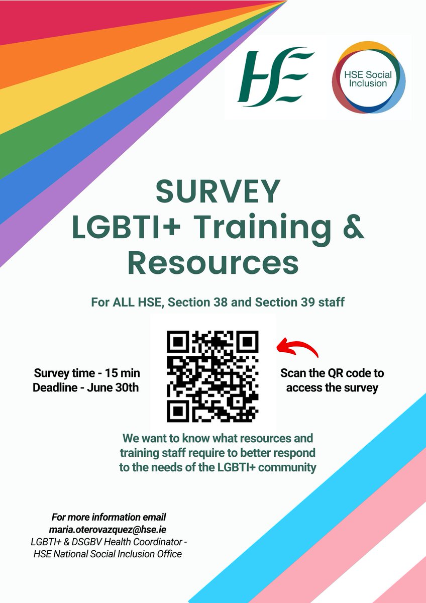 🏳️‍🌈HAPPY PRIDE MONTH! 🏳️‍🌈
Do you have 15 min?   
We invite all HSE, S38 & S39 staff to complete our short survey to help us identify needs & gather information to improve #LGBTI+ training and resources – Deadline June 30th
Access the survey HERE ⬇️ smartsurvey.co.uk/s/LGBTIsurvey-…