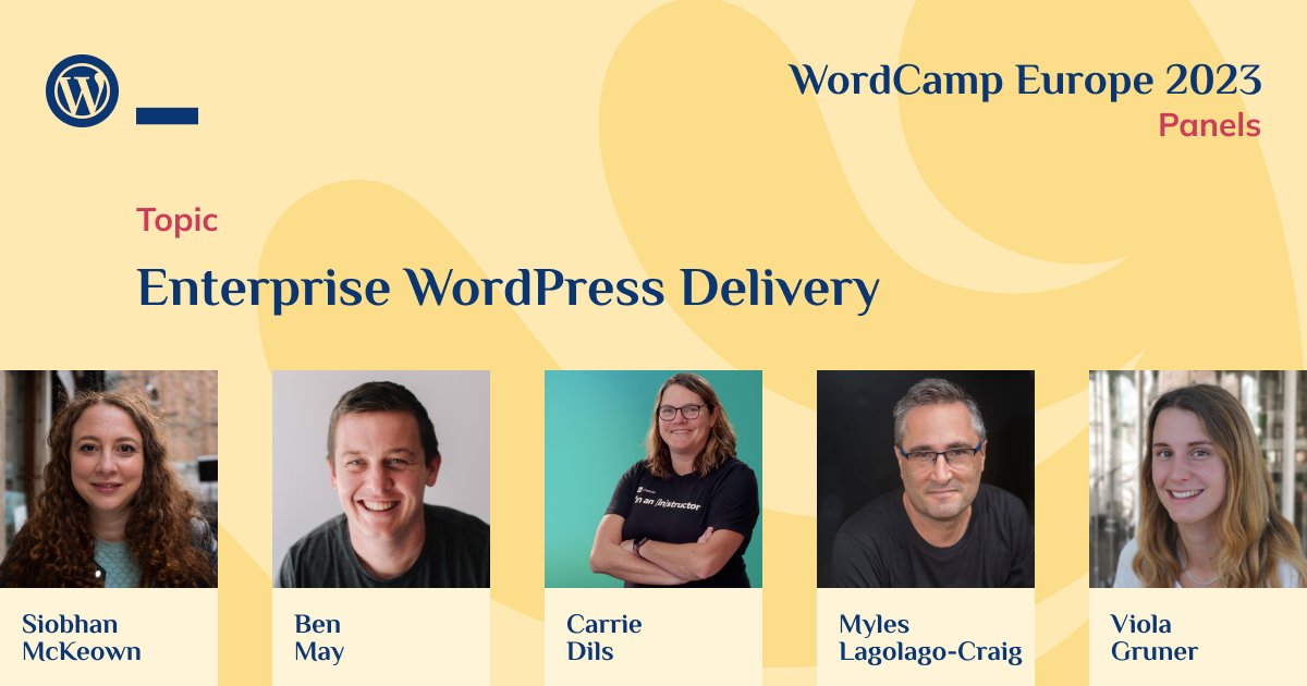 WordCamp Europe (@wceurope) on Twitter photo Introducing our next panel discussion!
Join <a href="/SiobhanPMcKeown/">Siobhan McKeown</a>, <a href="/benjmay/">Ben May</a>, <a href="/cdils/">Carrie Dils 🇺🇦</a>, <a href="/talimyles/">talimyles</a>, and <a href="/GrunerViola/">Vio @WCEU25</a> for an active discussion on 'Enterprise WordPress Delivery' taking place at 12:00 in Track 2 on 10 June 2023!
#WCEU #WCEU2023
URL: bit.ly/3IPiXSl Introducing our next panel discussion!
Join <a href="/SiobhanPMcKeown/">Siobhan McKeown</a>, <a href="/benjmay/">Ben May</a>, <a href="/cdils/">Carrie Dils 🇺🇦</a>, <a href="/talimyles/">talimyles</a>, and <a href="/GrunerViola/">Vio @WCEU25</a> for an active discussion on 'Enterprise WordPress Delivery' taking place at 12:00 in Track 2 on 10 June 2023!
#WCEU #WCEU2023
URL: bit.ly/3IPiXSl