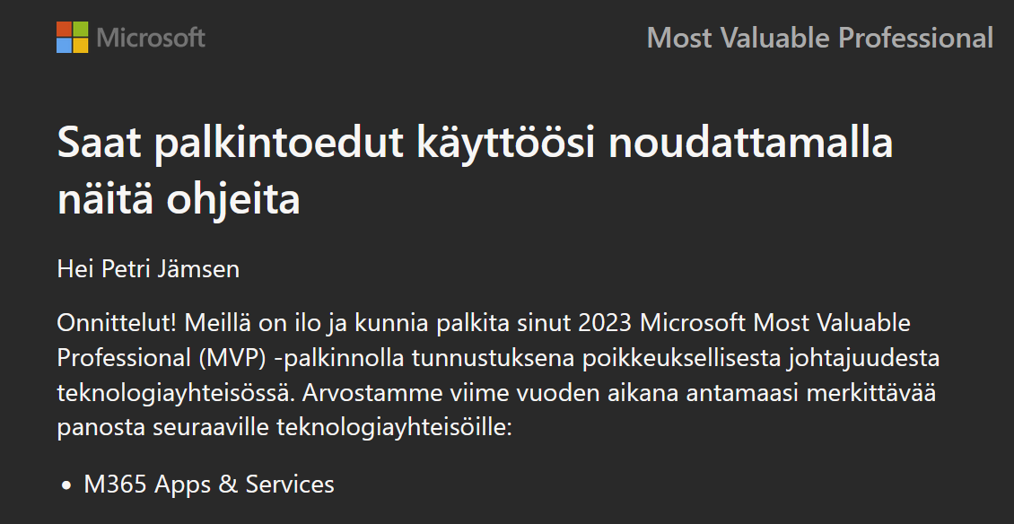 Humble &amp; grateful for this :) Thank you <a href="/vesanopanen/">Vesa Nopanen #M365 #Copilot #AI #MVPBuzz</a>  for the support. 
#mvp  #imhappy <a href="/SulavaOy/">Sulava</a> <a href="/TDNeighborhood/">The Digital Neighborhood</a>