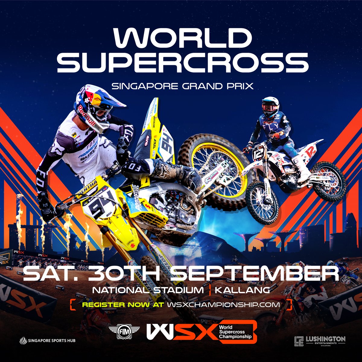 Get ready for thrilling World Supercross action in Singapore! Register now at wsxchampionship.com to get all the latest news including ticketing details.