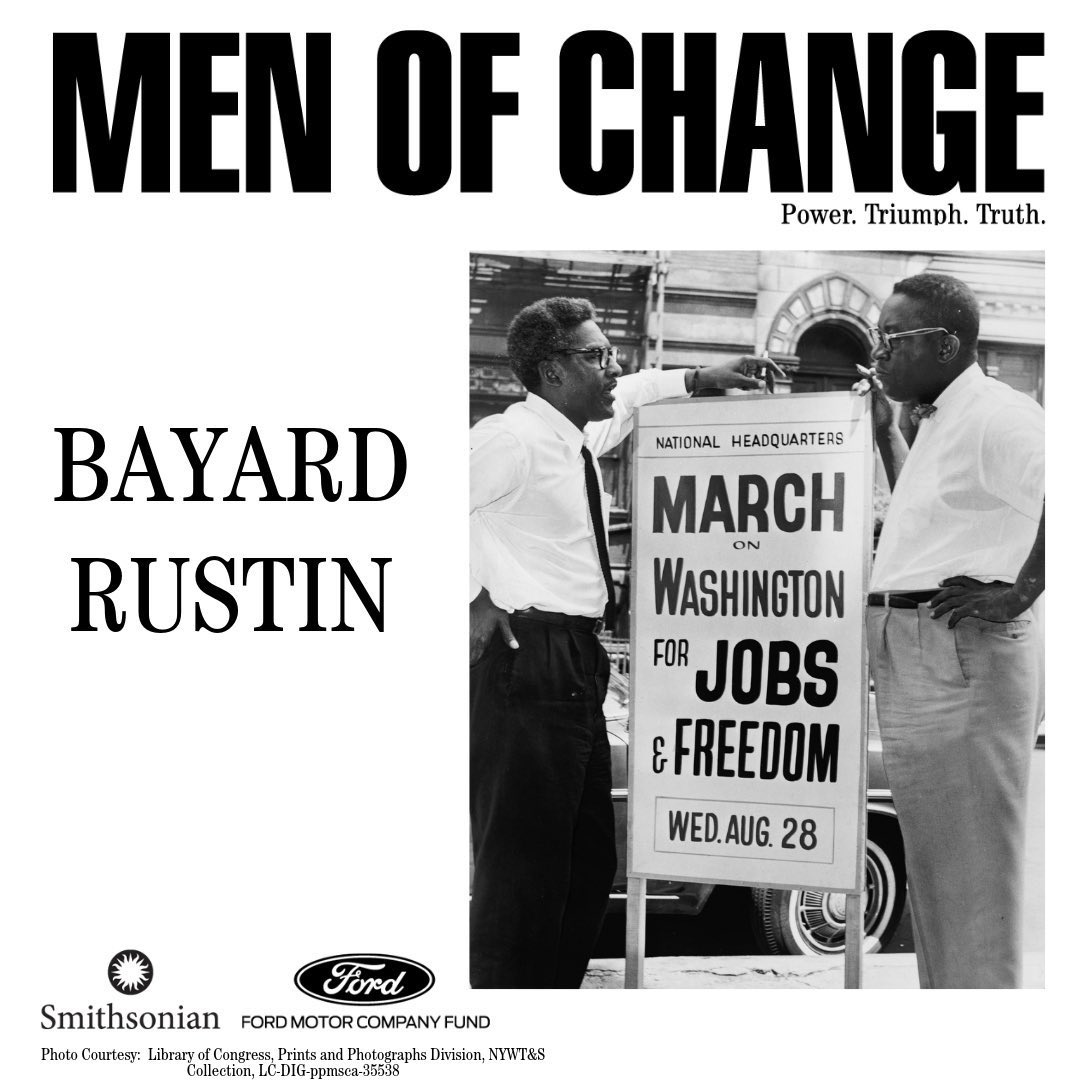 sitesExhibits's tweet photo. Bayard Rustin once wrote, “The only weapon we have is our bodies.” Rustin’s life was not only a testament to the non-violent weaponization of his own body, it was a call for the bodily freedom to live as he deemed and love whom he desired.  #SmithsonianPride #Pride #MenOfChange https://t.co/WxhLVms9to