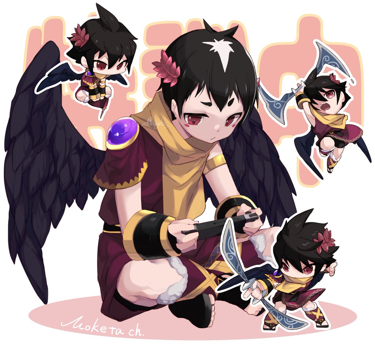 wings black hair red eyes male focus 1boy chibi weapon  illustration images