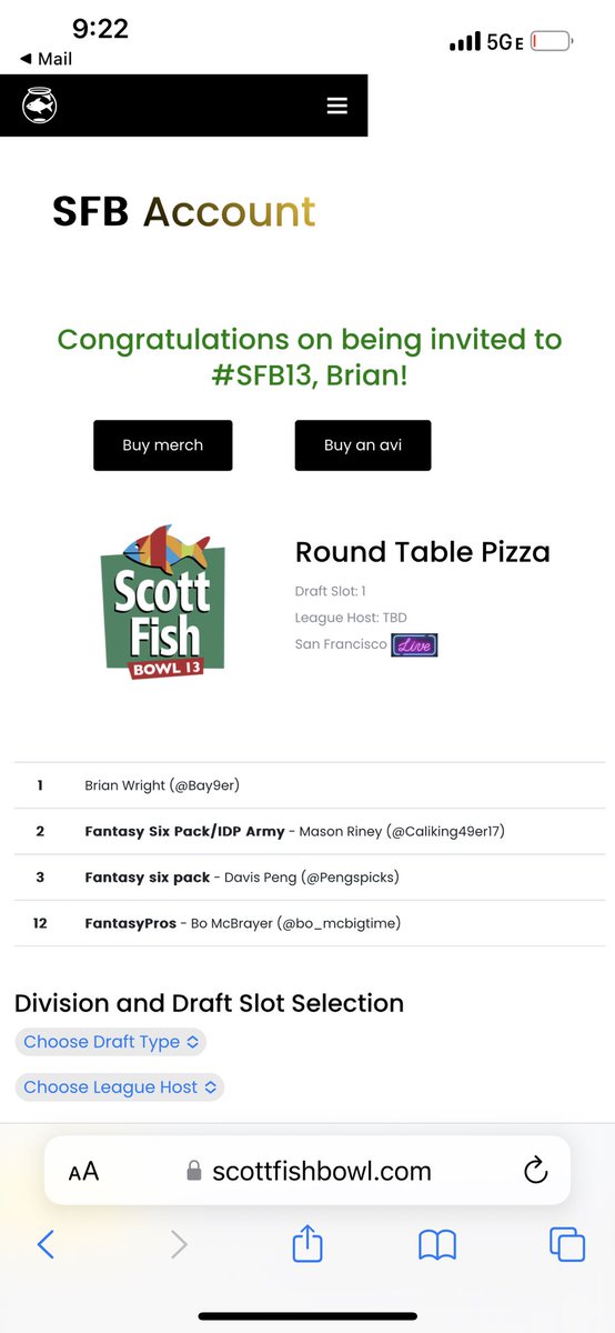 Bay9er's tweet photo. Who would have thought working at Round Table Pizza in the early 2000s would get me to where I am today. Thanks @ScottFish24 @JohnBoschFF and the entire SFB team. Very excited for the live draft in SF, and meeting peeps in person #SFB13 #FantasyCares #49erFaithful #RepTheBay https://t.co/eac29SdWjt