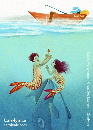 Hi  #KidLitArtPostcard, I’m Carolyn. I write and illustrate #PB and #chapterbooks, rep by @KaninMona @GreatDogLit. For some reason the theme music from Jaws kept popping up when I was drawing #mermaids, so I went with a #kidlit version.carolynle.com