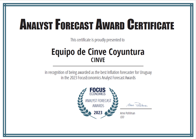 CINVE_uy's tweet photo. FocusEconomics, proveedor global de pronósticos macroeconómicos, ha distinguido a cinve como el mejor pronosticador de la inflación para Uruguay en 2022. Los detalles están disponibles en https://t.co/X5S6QnZiAL. Felicitamos a los ganadores de los restantes capítulos de Uruguay. https://t.co/OnLpyPRJmZ