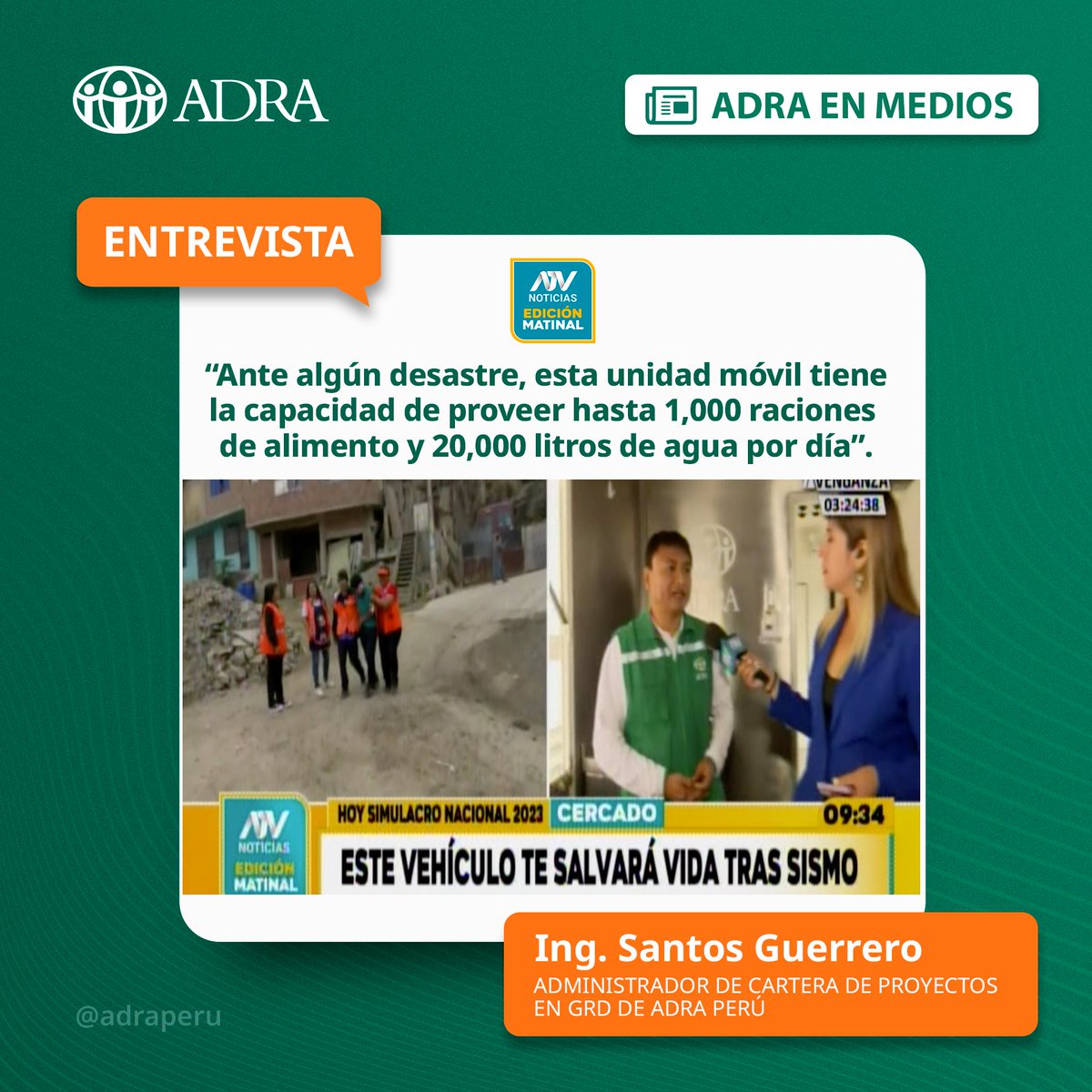 adraperu's tweet photo. 🔴#Entrevista🎤💚✨ | Los medios de comunicación destacan la participación de la Unidad Móvil de Ayuda Humanitaria de ADRA PERÚ en el Simulacro Nacional Multipeligro 2023. 🤲🏼🫂💚✨ https://t.co/Nao7G0cx8w
