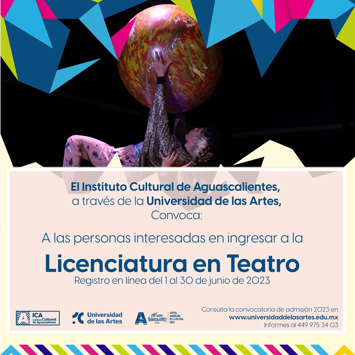 UArtes_Ags's tweet photo. 🤩Abrimos #convocatorias de #admisión 2023 a la Universidad de las Artes

Consulta nuestra oferta académica y regístrate al plan de estudios de tu interés a través de: https://t.co/C1KhWVeMYe

✍️Períodos de registro en línea 
01 al 30 de junio 
https://t.co/UVC4iVj22t https://t.co/ZZ86HexVTu
