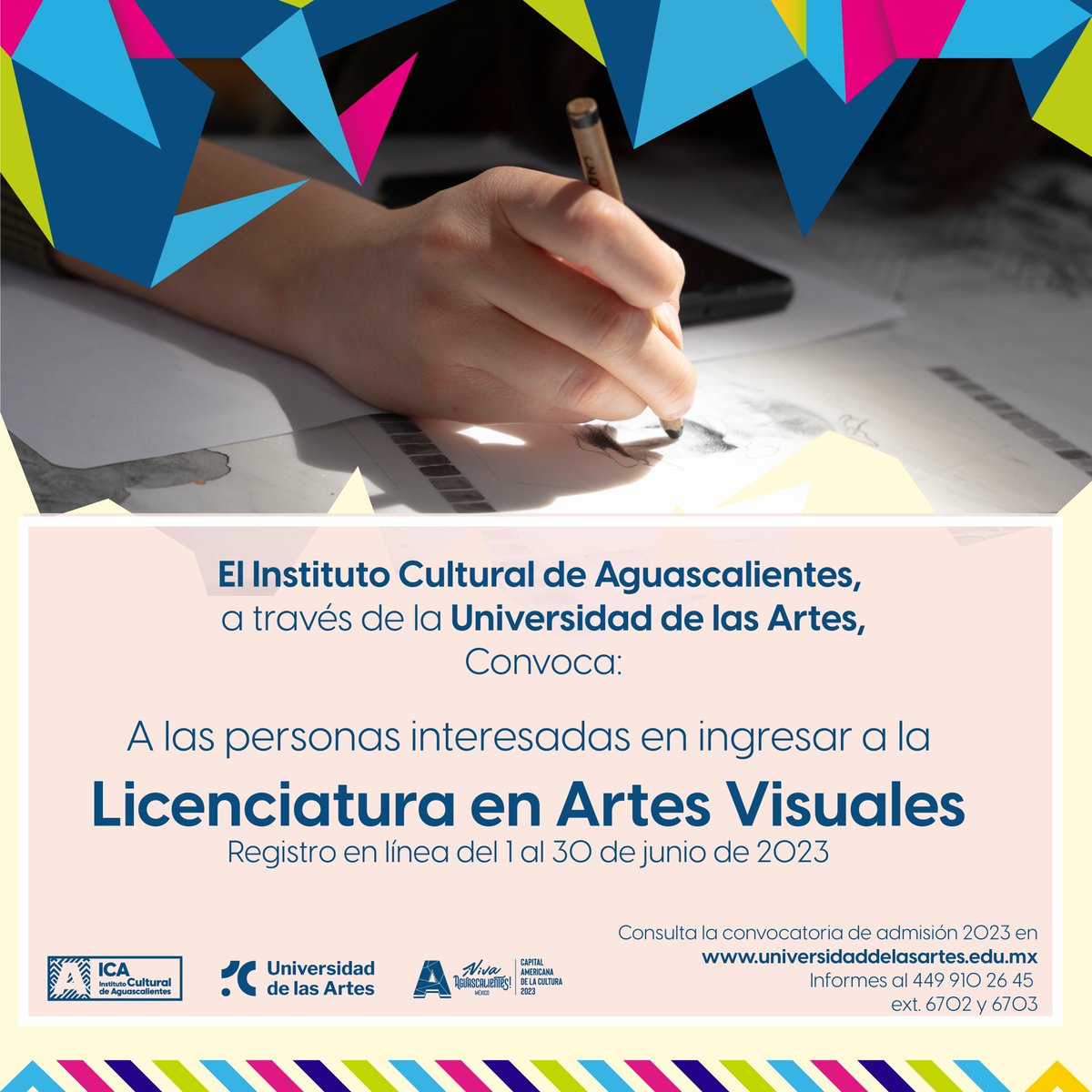 UArtes_Ags's tweet photo. 🤩Abrimos #convocatorias de #admisión 2023 a la Universidad de las Artes

Consulta nuestra oferta académica y regístrate al plan de estudios de tu interés a través de: https://t.co/C1KhWVeMYe

✍️Períodos de registro en línea 
01 al 30 de junio 
https://t.co/UVC4iVj22t https://t.co/ZZ86HexVTu
