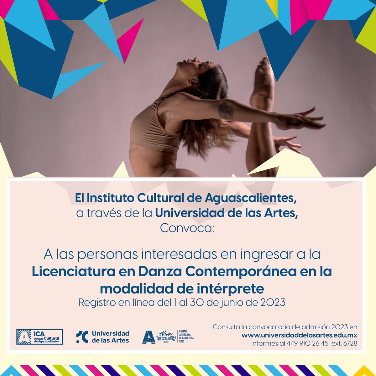 UArtes_Ags's tweet photo. 🤩Abrimos #convocatorias de #admisión 2023 a la Universidad de las Artes

Consulta nuestra oferta académica y regístrate al plan de estudios de tu interés a través de: https://t.co/C1KhWVeMYe

✍️Períodos de registro en línea 
01 al 30 de junio 
https://t.co/UVC4iVj22t https://t.co/ZZ86HexVTu