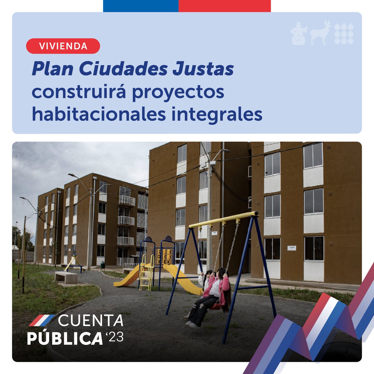 En esta #CuentaPública2023 declaramos que no basta con construir viviendas 🏘️ Todas y todos, sin importar sus ingresos o el tamaño de su vivienda, tienen derecho a espacios verdes, a parques, plazas y juegos. Estamos #PresentesPorChile, sus ciudades y sus bellezas.