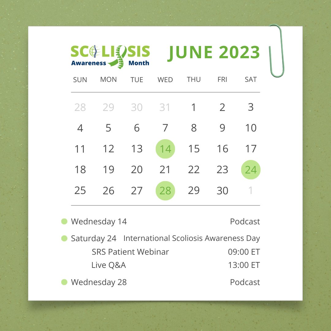 SRS_org's tweet photo. National #ScoliosisAwarenessMonth takes place yearly in June & highlights the growing need for education, early detection & #awareness about #scoliosis & its prevalence. Please visit https://t.co/mrivuMYEq0 for more information and how to get involved. #SRSSAM #SAM #SpineHealth https://t.co/85SSVgKCtd