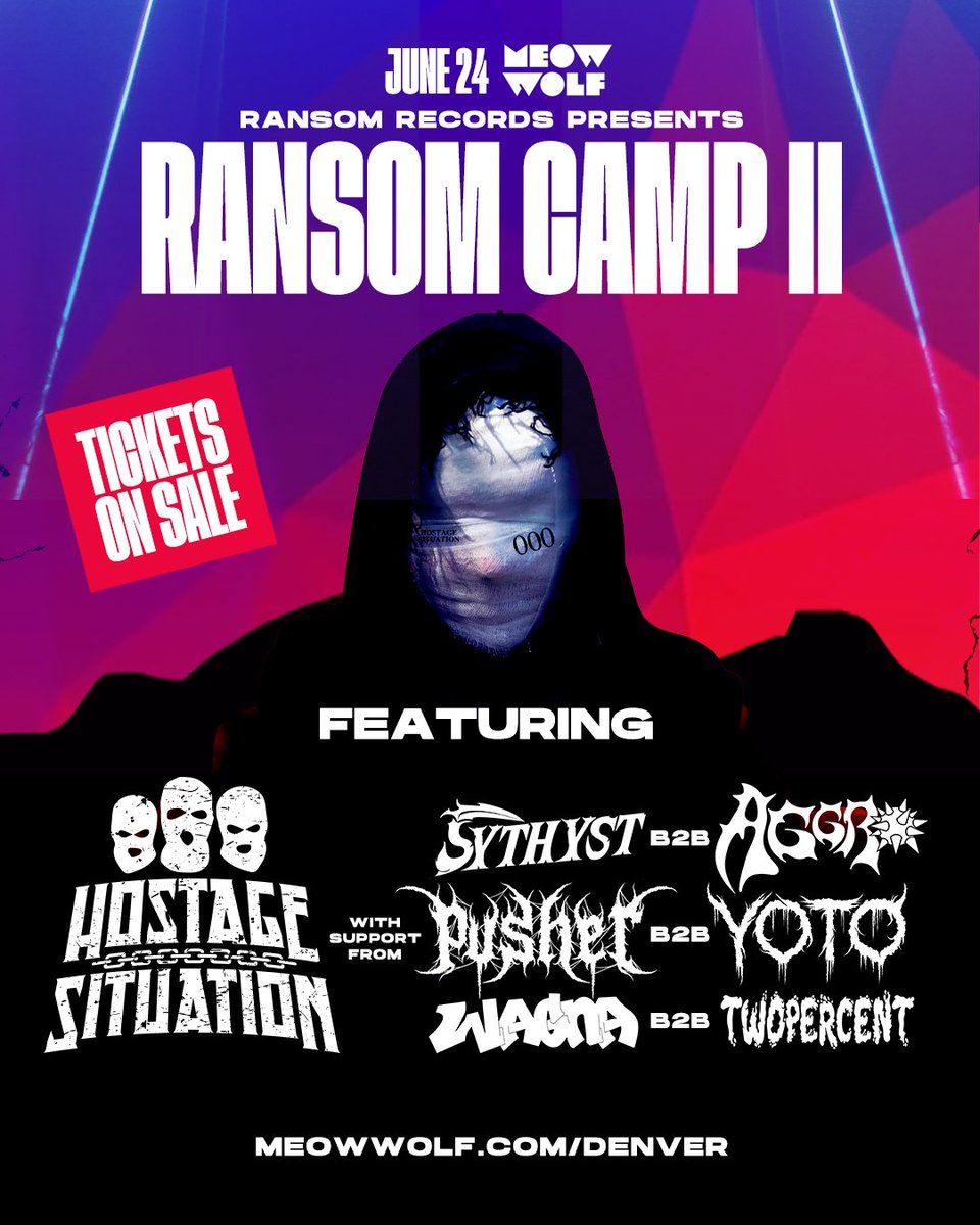 TheHostageMusic's tweet image. Okay family… there are ONLY 80 tickets left to Ransom Camp II at Meow Wolf. Get your tickets ASAP because when they’re gone, they’re gone. Don’t snooze 💤 😈 TICKET LINK IN BIO AND BELOW 🎟🔗
