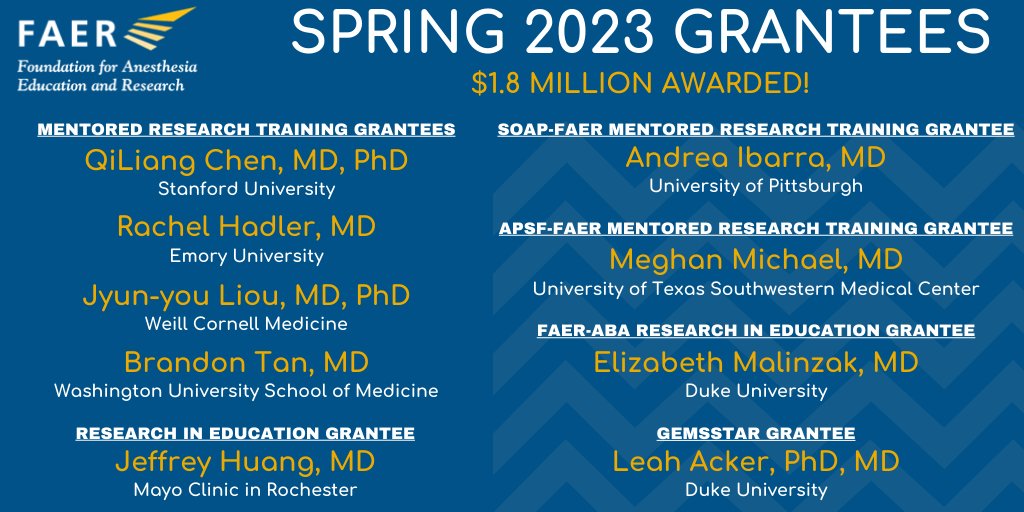 Announcing FAER’s approved Spring 2023 Grantees! Join us in congratulating these outstanding physician-investigators & read more on our website! asahq.org/faer/about/new… #Anesthesiology #Research #TheFutureIsFAER #FAERgrantees #FAERgrants @AndreaJIbarra