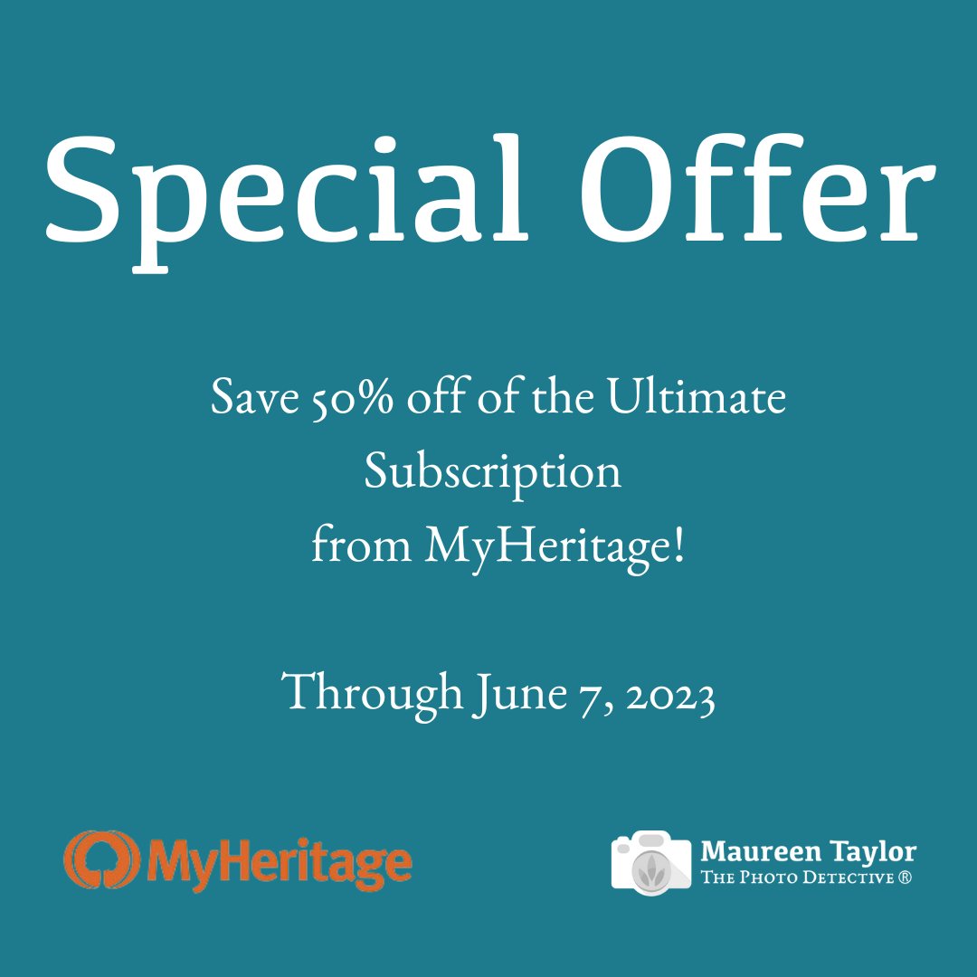 !!SALE!!

Today through June 7 - I'm partnering with MyHeritage to offer my followers 50% off their ultimate subscription.

Learn more here: buff.ly/3IRjW4C