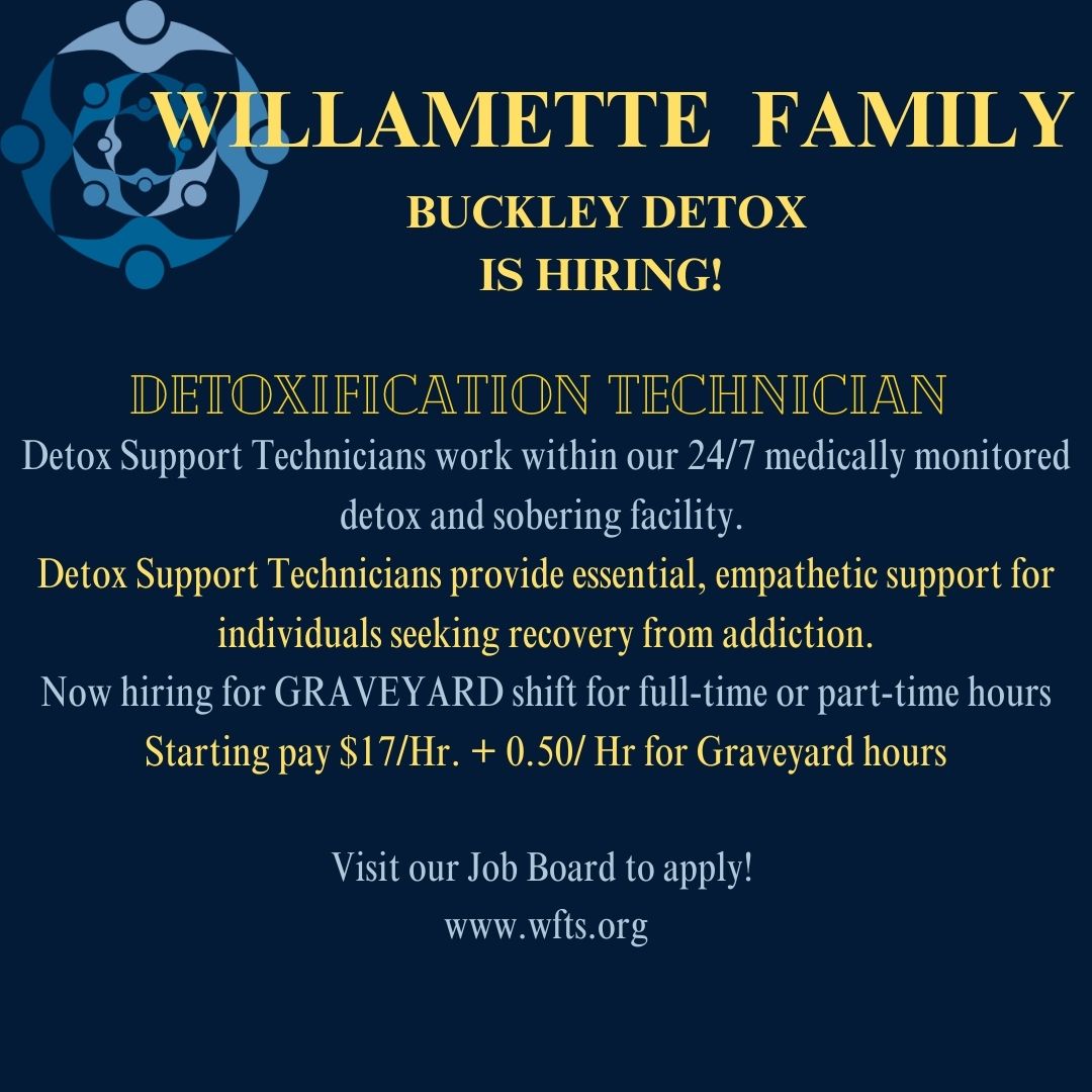 Buckley Detox is looking for empathetic individuals to support the detox and sobering process! 
Visit our Job Board to Apply! ow.ly/Sl2s50OC59i