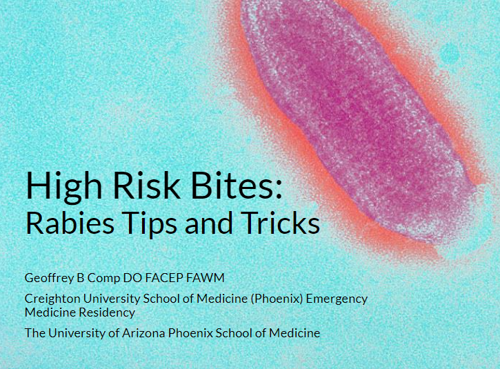 @gbcomp on Rabies at #EEM2023

☠️Highest Case Fatality Rate of any Human Infectious Disease
🦝Most common carrier
🦇Most common source of infection
💉Vaccine administered IM at days: 0, 3, 7, 14 (21 if immunocompromised)

#FOAMed @Hippoeducation