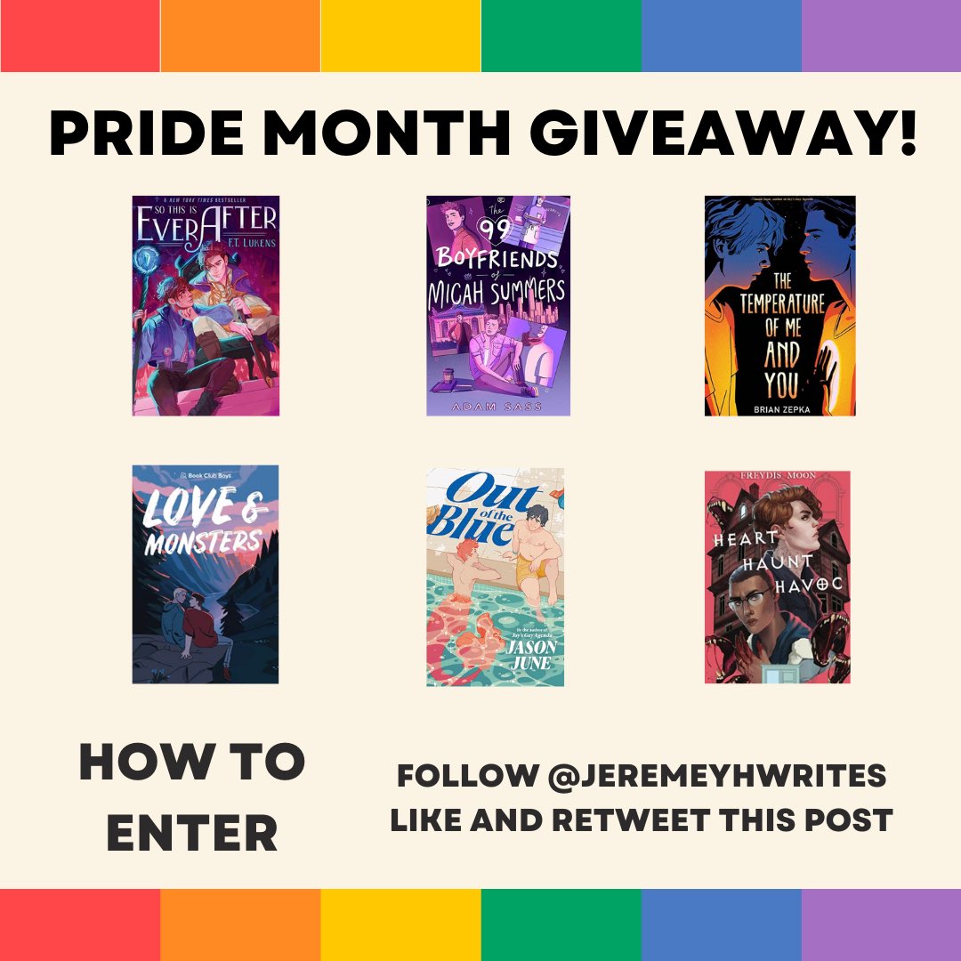 To celebrate Pride Month and one year until my debut novel comes out, I’m hosting a giveaway on both Twitter and Instagram! 

Simply follow me, like, repost and you’re entered! *Bonus entries given if done on both platforms*

The winner of all 6 books will be announced 7/1!