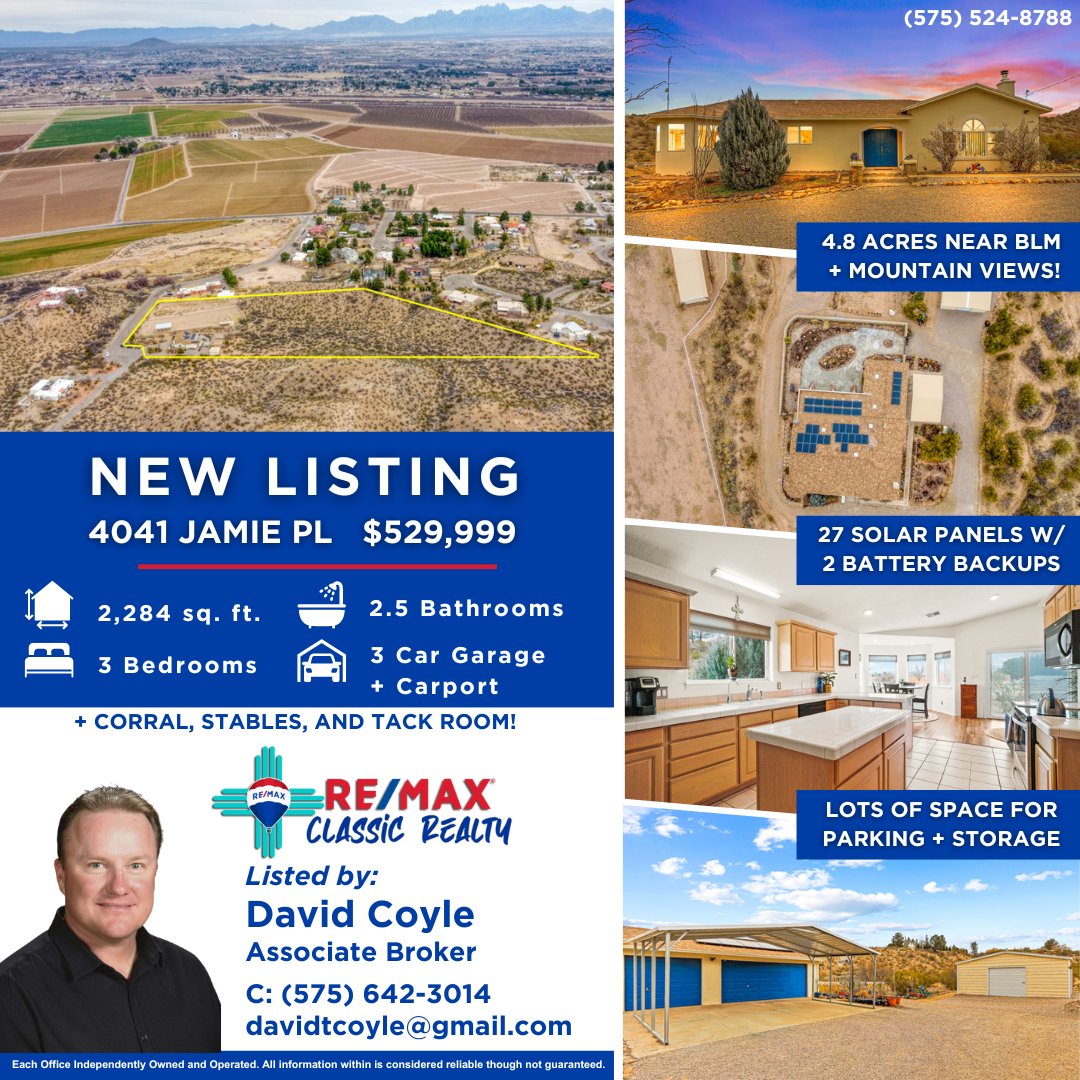 💥 New Listing 💥
📍 4041 Jamie Place | 💲 529,999

Listed by David Coyle (575) 642-3014

RE/MAX Classic Realty (575) 524-8788
#newlisting #remaxclassicrealty #remaxhustle #davidsellslascruces #lascrucesnm #NewMexico #desertliving #farmlife #desertlife #farming #nmtrue