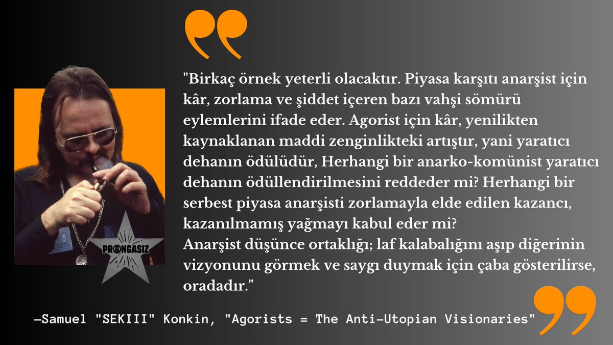 prangasizlar's tweet photo. Yeni sol, marketçi ve marketsiz liberterler arasındaki o ideal noktada durabilmiştir.
Agorizm herkes için negatif ve pozitif özgürlüğün sağlanmasını hedefler, Rothbard'çı merkezciler gibi eski düzenin tortularını kabul etmez. 
Halka güç için, pazar güdümlü siyah devrim demiştir. https://t.co/REknkNtgoR