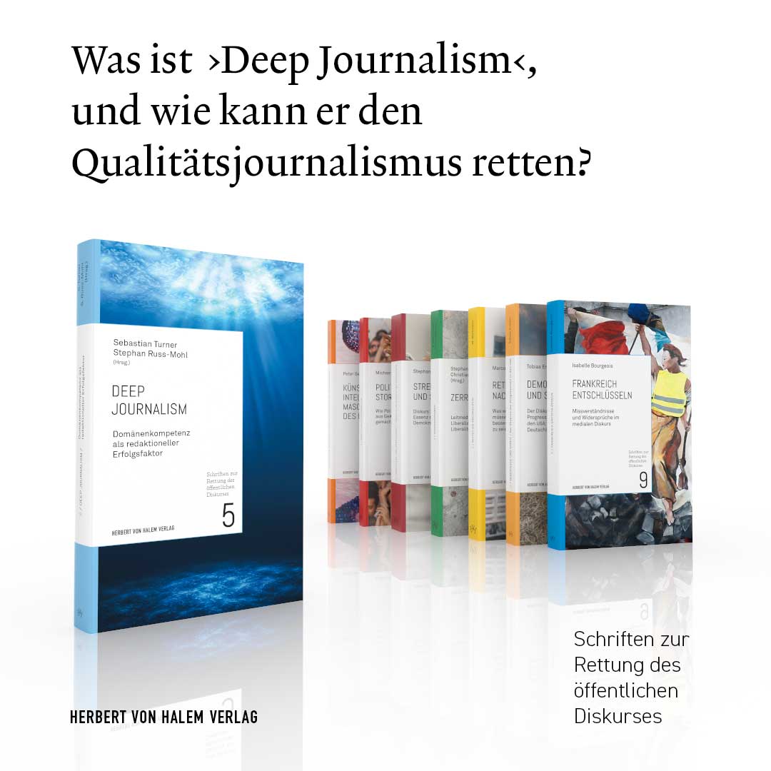 HerbertHalem's tweet photo. Heute erscheint: Deep Journalism. Domänenkompetenz als redaktioneller Erfolgsfaktor, hrsg. von Sebastian Turner und Stephan Russ-Mohl. In der Reihe Schriften zur Rettung des öffentlichen Diskurses. #deepjournalism #neuerscheinung2023 #diskursrettung https://t.co/ourhgIv1ft https://t.co/VBfeDe0aCa