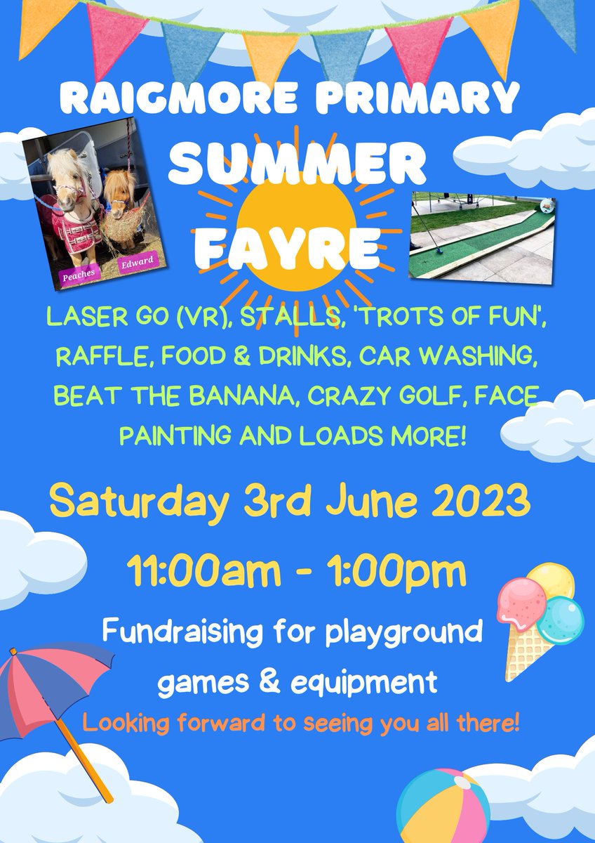 RaigmorePS's tweet image. Looking forward to our Summer Fayre on Saturday 3rd June! Lots of fun planned with @lasergo_i @MascotMadness1 #InvernessCrazyGolf #TrotsofFun and much much more!! #raigystars ✨✨