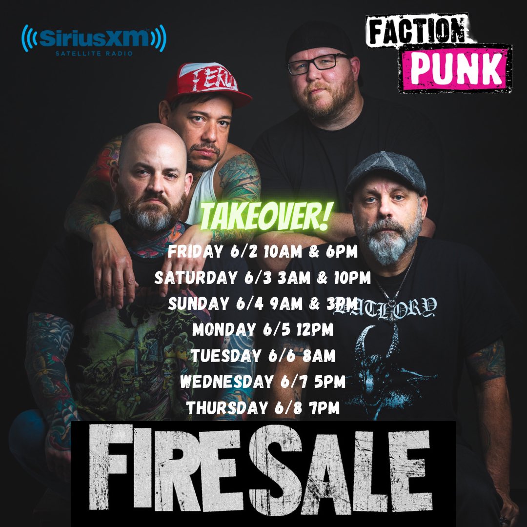 Fire Sale (@firesaleisaband) on Twitter photo We are taking over @FactionPunkSXM on <a href="/SIRIUSXM/">SiriusXM</a> Satellite Radio! Tune in tomorrow and all week long for an hour hosted by yours truly, Fire Sale! We will be playing our own songs and a bunch of bands we dig! If you miss it, you can listen anytime on the SXM app! We are taking over @FactionPunkSXM on <a href="/SIRIUSXM/">SiriusXM</a> Satellite Radio! Tune in tomorrow and all week long for an hour hosted by yours truly, Fire Sale! We will be playing our own songs and a bunch of bands we dig! If you miss it, you can listen anytime on the SXM app!