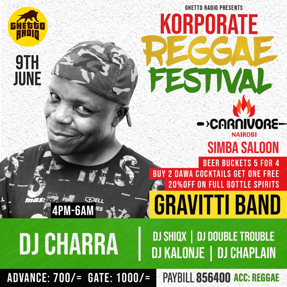 If u really &amp; truly love reggae music, u cant miss this,... Hiii nayo itakuwa mbayaa,..
#korporateReggae. Na leo napeana ticko ya bure, kwa #JAHMROCKDOBA
<a href="/CharraDeejay/">Deejay Charra</a> 
<a href="/GhettoRadio895/">Ghetto Radio</a> 
<a href="/AngelMariam14/">Angel Mariam</a> 
<a href="/RasEduu/">Ra's Eduu One Big Family 🙏</a> 
<a href="/MaggyNduvi/">@Maggy Nduvi (Jah Lady)💚💛❤️</a> 
<a href="/jojomackenzie2/">_JOJO..H.E.R😁💋😷🍻🍷💫</a>