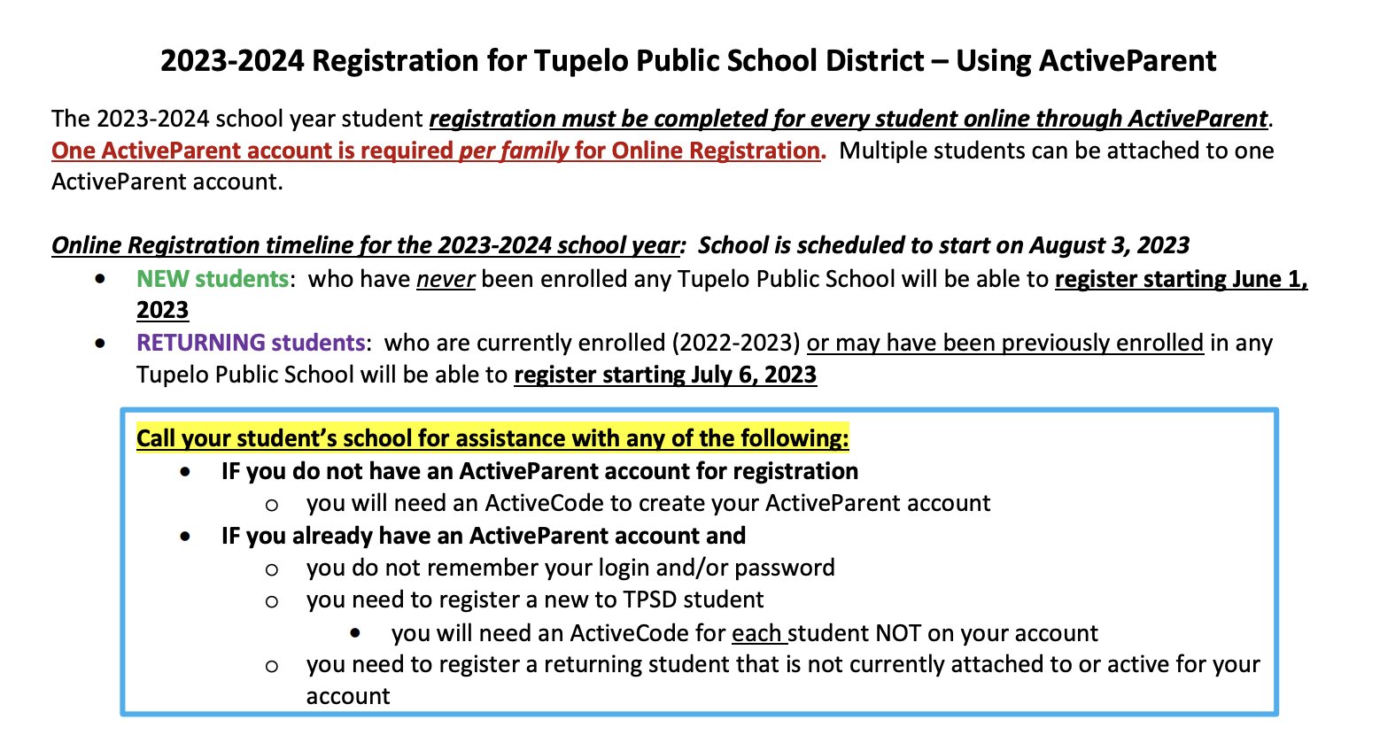 Tupelo Schools on Twitter "🚨🚨Registration for the 202324 academic