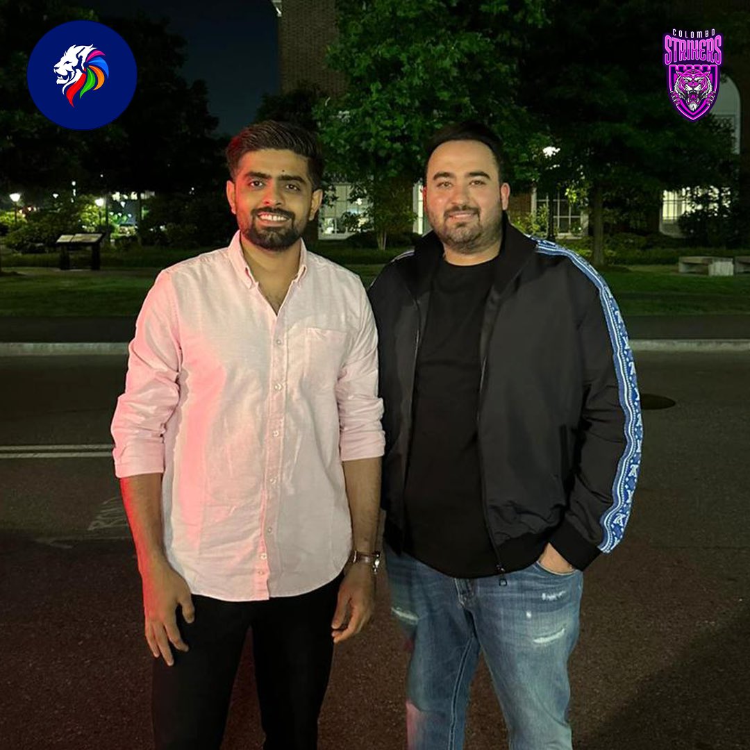 Babar Azam with the owner of Colombo Strikers, Sagar Khanna. Sagar is based in the US and is also the owner of T10 League franchise New York Strikers 👏 #LPL2023